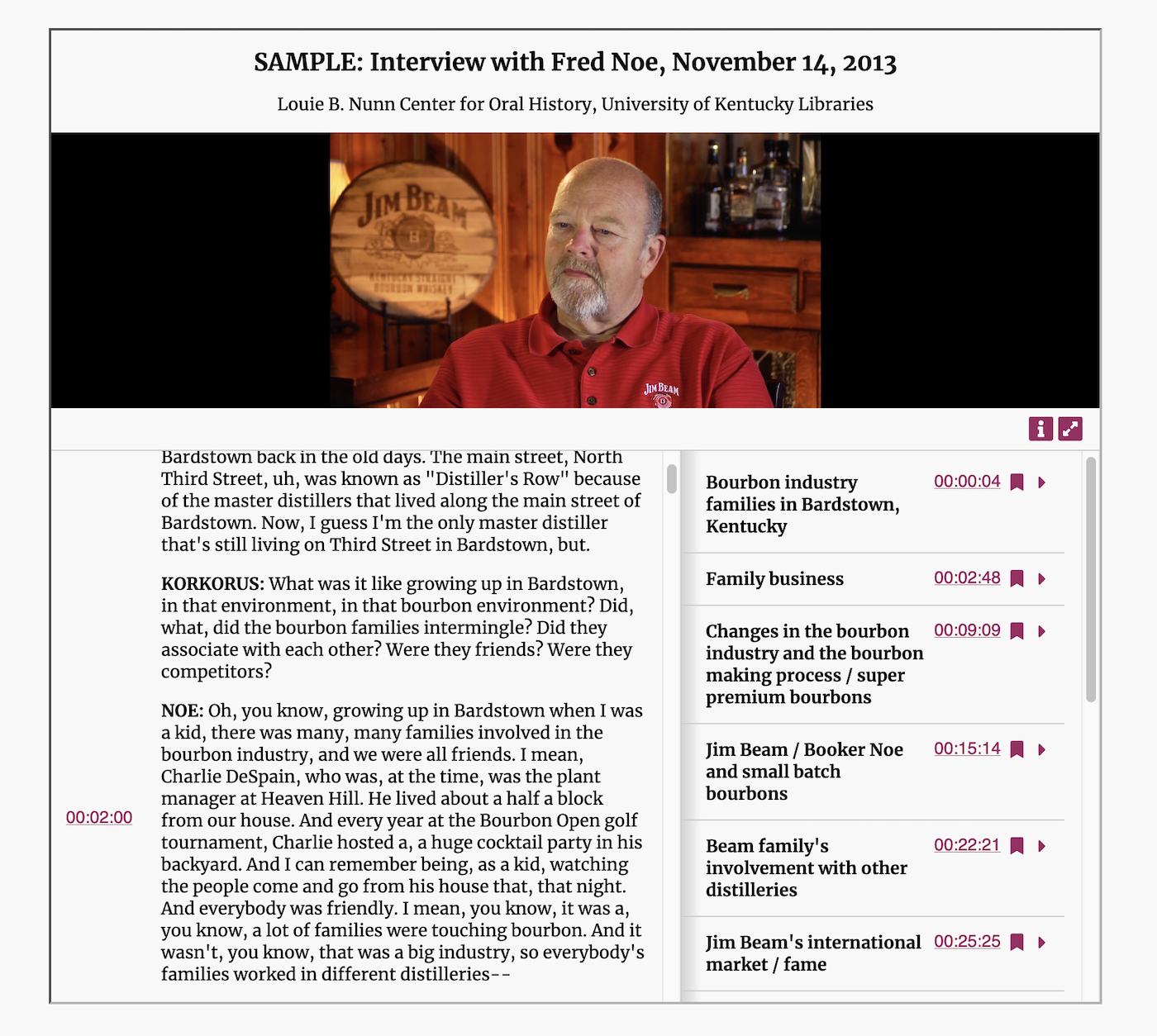 A public display of an OHMS viewer in an Omeka page, with a small video above, a transcript on the left, and an index on the right.