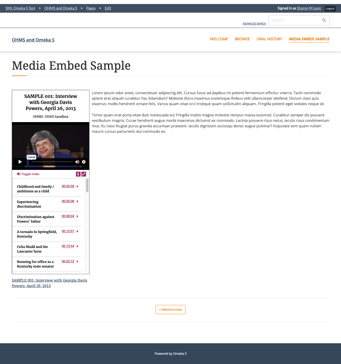 Page view with Media Embed block with OHMS viewer in the first column and sample HTML in the second column