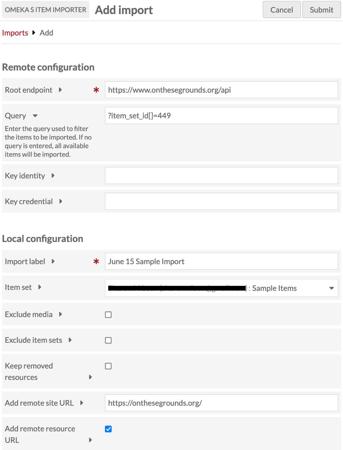Add Import configuration form with data filled in for root endpoint, query, import label, item set and remote site URL