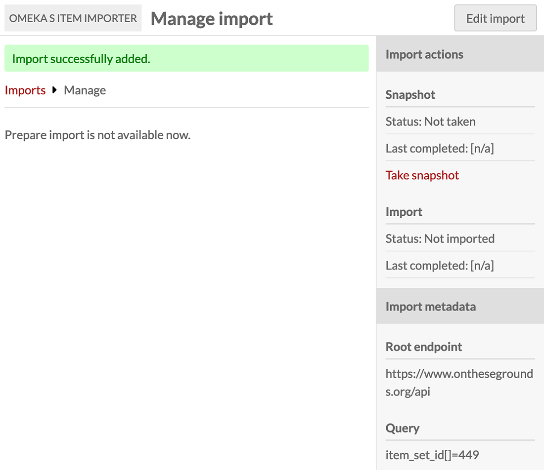 Import is successfully added result screen with Import Actions and Import Metadata sections in the right sidebar