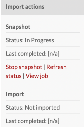 Import actions section with snapshot Status as In Progress