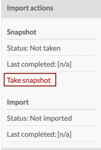 Import actions section of right sidebar with Take Snapshot link highlighted with a red rectangle