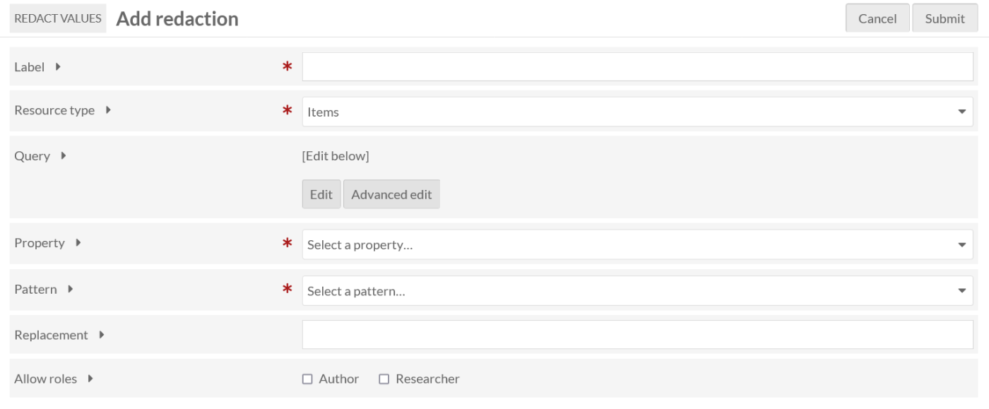 Add Redact Values form including label, resource type, property, and pattern.
