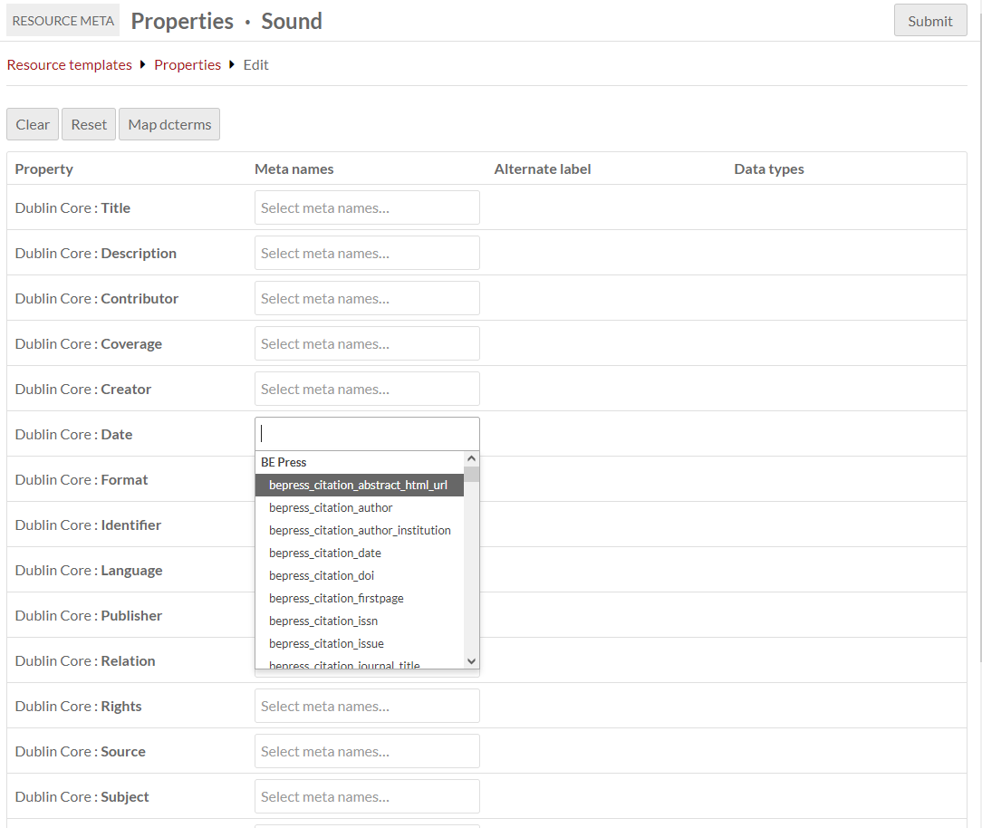 A resource template's meta settings being edited, showing a dropdown displaying BE Press elements.