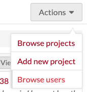 Dropdown showing the options to browse projects, add a project, or browse users