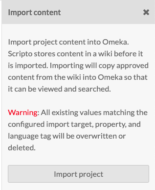 Import content drawer with a message summarizing what it does. At the bottom is a button which says "Import project"