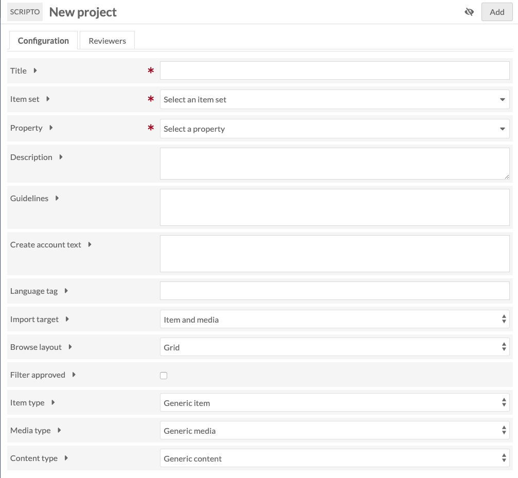 Add New Project window open to the "Configuration" tab - all fields are blank