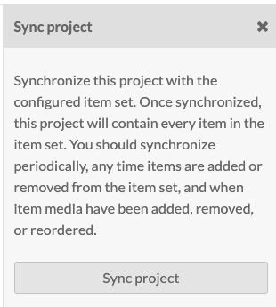 Sync content drawer with a message summarizing what it does. At the bottom is a button which says "Sync project"