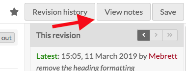 a red arrow points to the "View notes" button in a close-up of the upper right hand corner