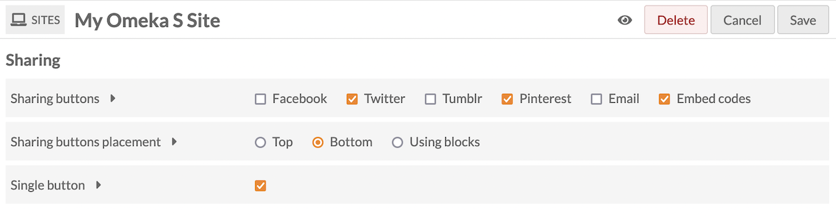 "Sharing" section in site settings