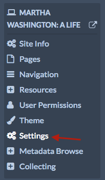 Left hand navigation options for sites: settings is at the bottom