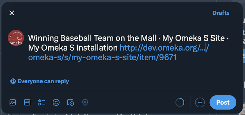 An example tweet for the page, listing the page’s title then a dot, followed by the site’s title then a dot, followed by the installation title, ending with a URL for the site