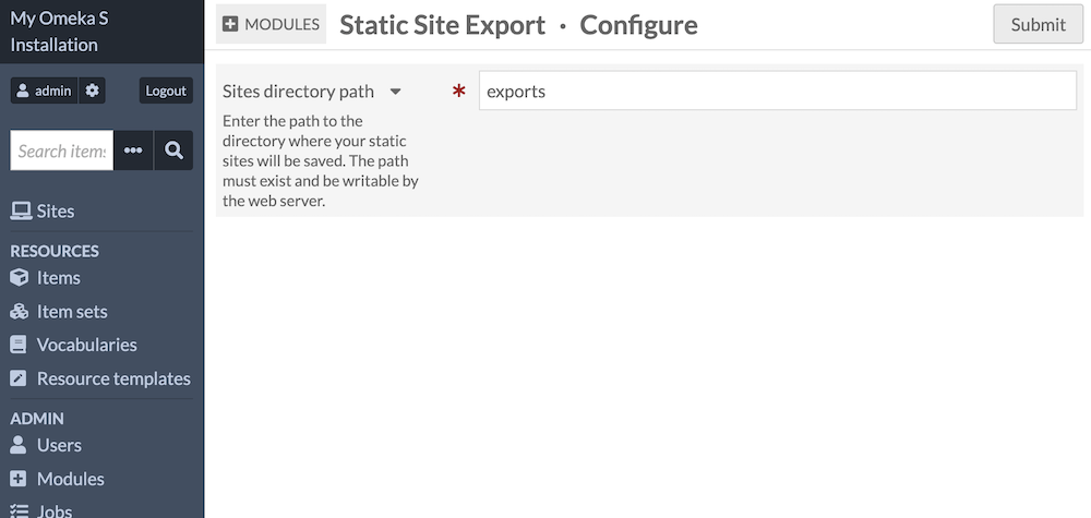 The module configuration page, where the global admin will set the directory to save site exports.