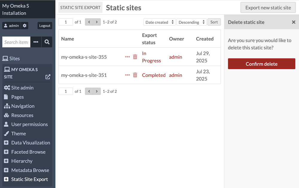 The exports table with the sidebar open showing a confirmation of deleting an export.