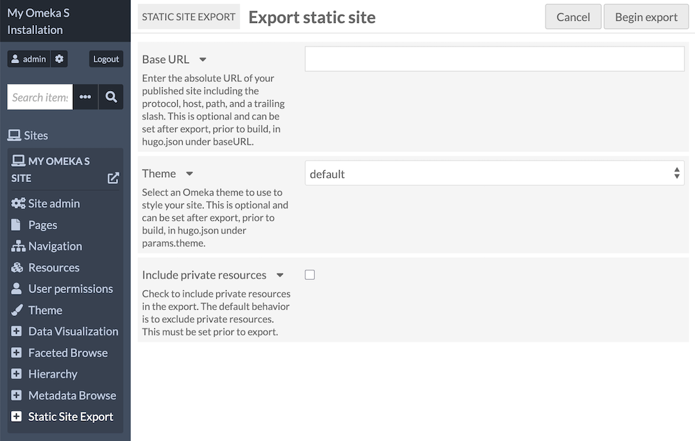 The module page found under each site, where exports are created and managed.