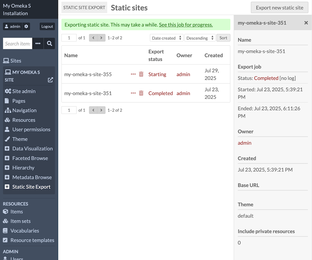 The exports table with the sidebar open showing export information.