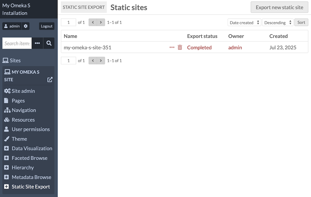 The module page found under each site, where exports are created and managed.