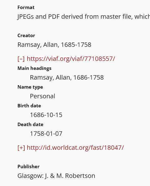 The same URI entries displayed on the Item view page, expanded to show the information from one of the URIs.