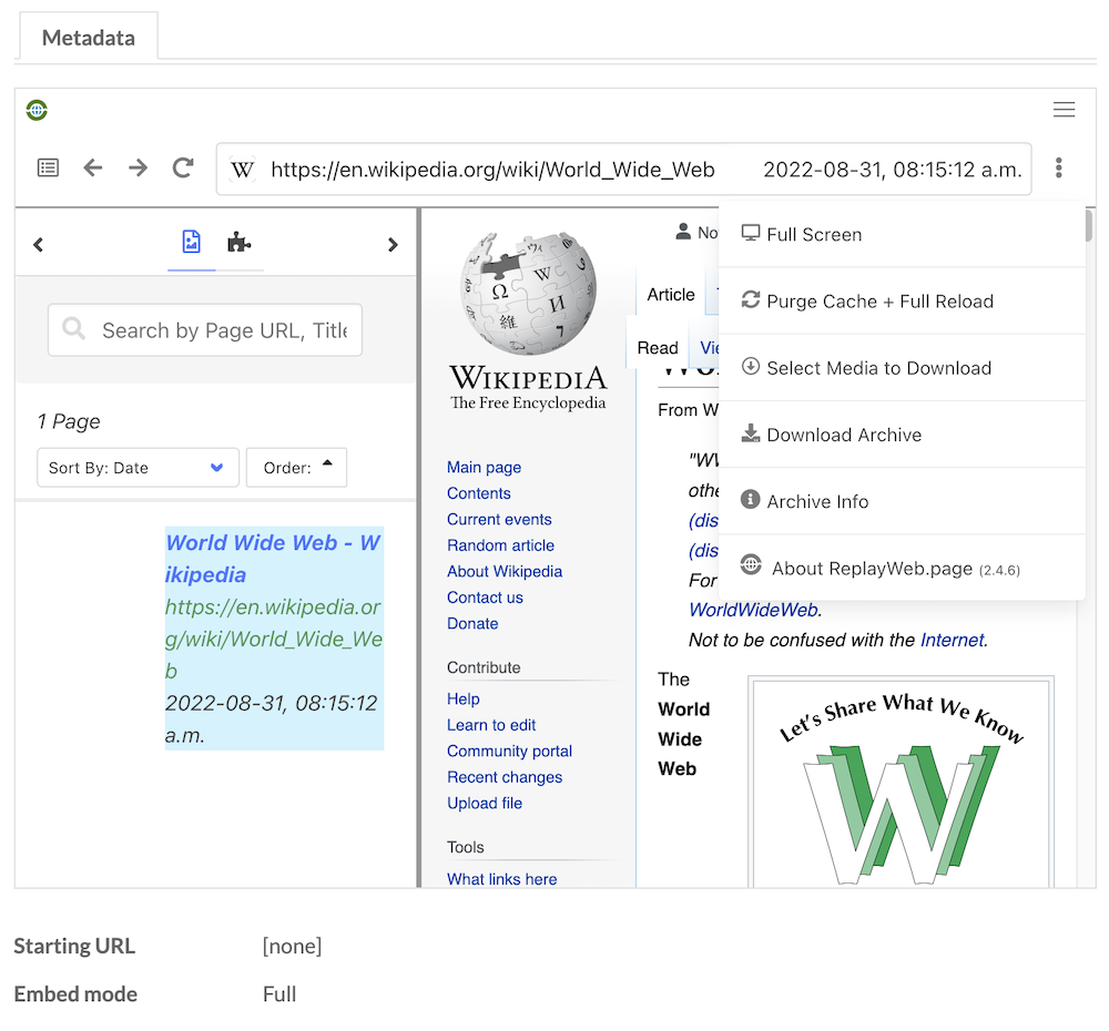 A media view page on the admin side showing an embedded web player with a bar above the browser navigation buttons. The three-dot button on the right of the navigationbar is expanded to show options including "Archive info" and "Download archive".