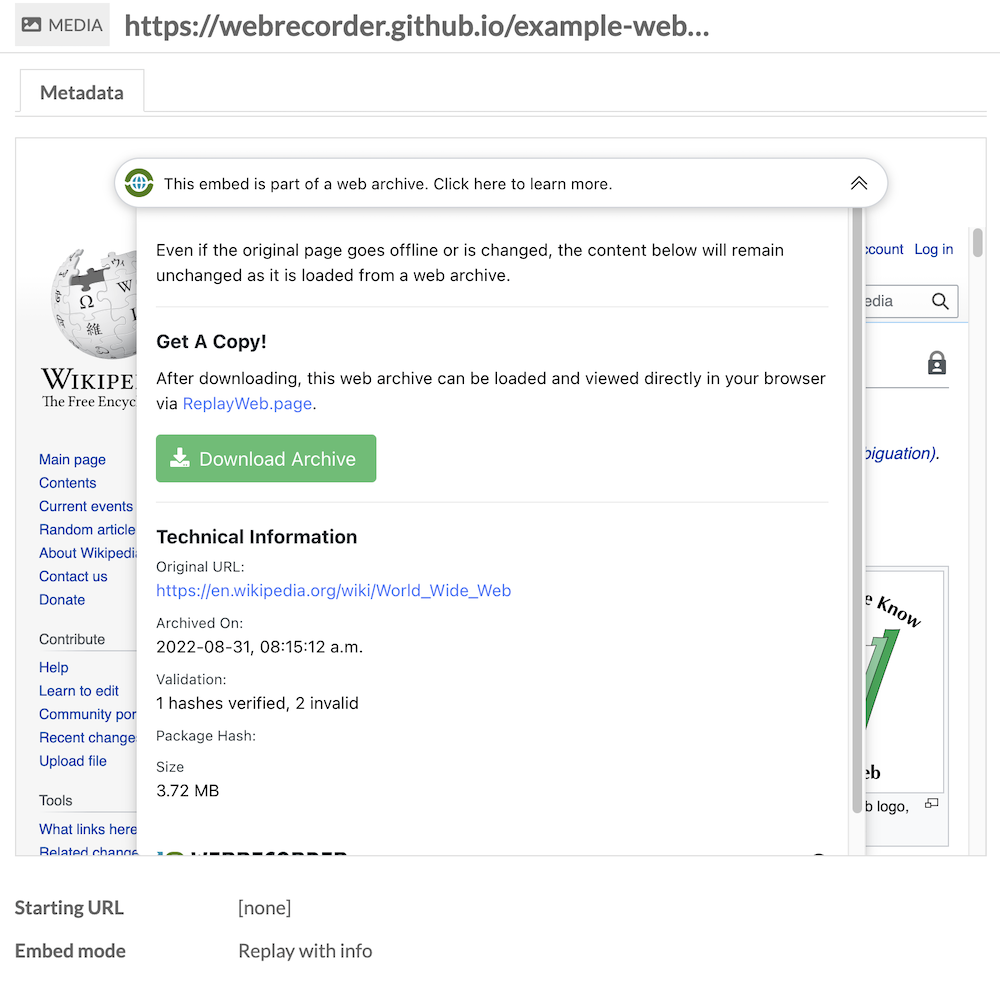 A media view page on the admin side showing an embedded web player with a dropdown menu above the webpage, and no navigation bar. The dropdown is expanded to show a download button and some information about the archive, including file size and its creation date.