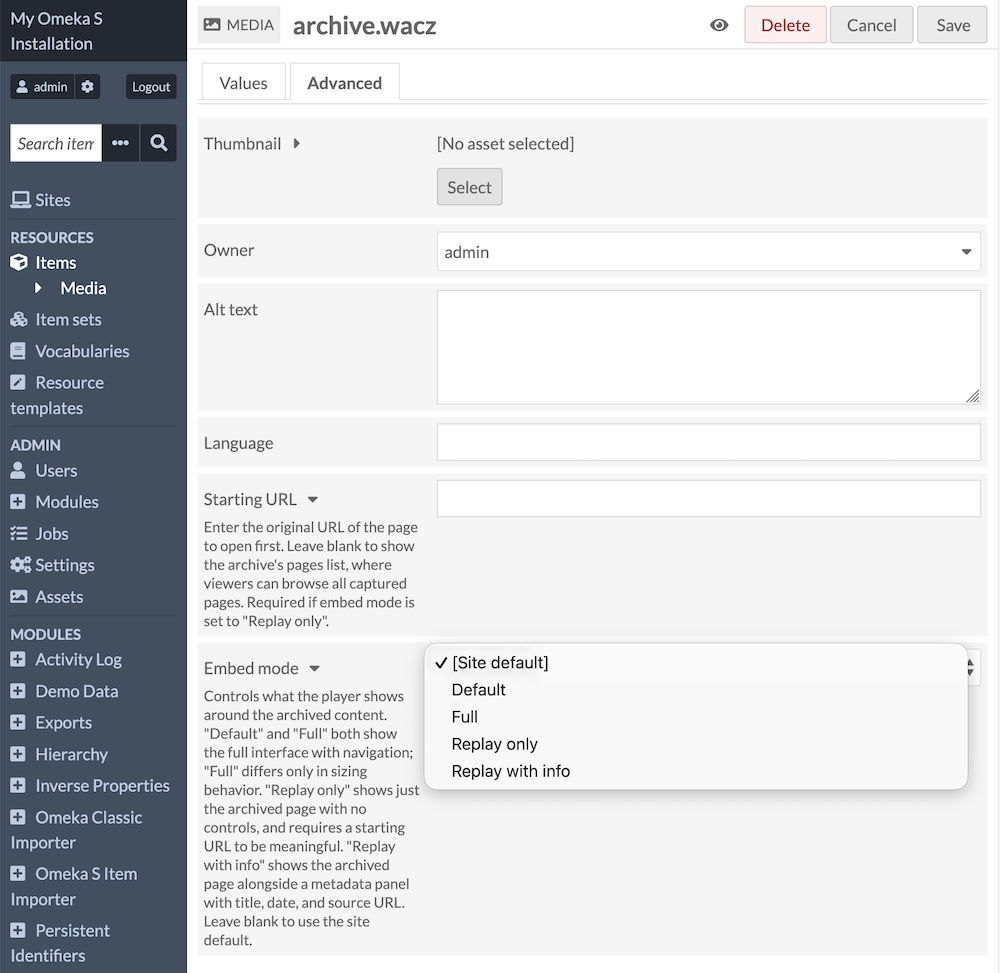 The Advanced tab in media editing mode. Two options display under the usual Advanced tab content - Thumbnail, Owner, Alt Text, Language - and offer "Starting URL" and "Embed mode", as explained above.