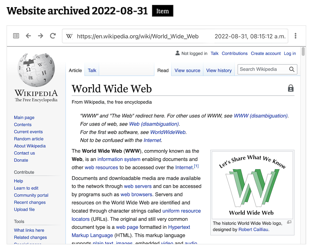 An item view page with the item title and an embedded virtual browser displaying a page from Wikipedia.org alongside a timestamp of when it was archived.