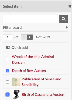 Select item drawer with quick add activated - every item in the view now has a checkbox.
