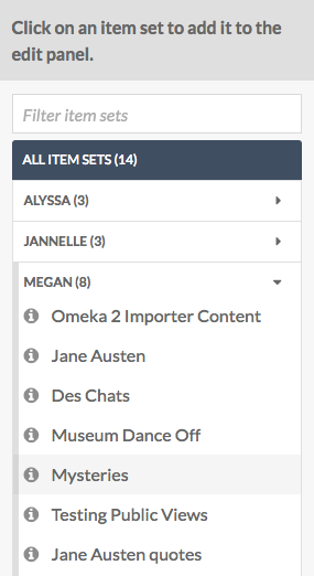 Selecting an item set from the owner's section of the sidebar
