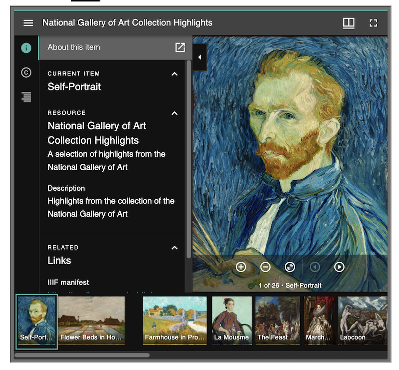The IIIF viewer in the dark theme with the sidebar visible, showing a Van Gogh self-portrait and information from the National Gallery of Art about its IIIF presentation, called "Collection Highlights".