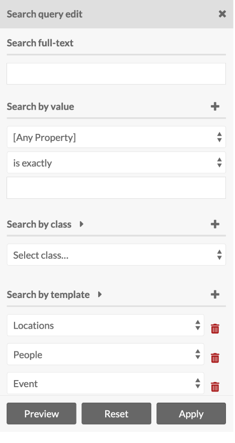 Advanced Search query drawer with People, Location, and Event resource templates added