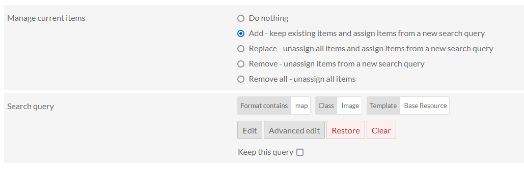 Item resource query element with update options 
