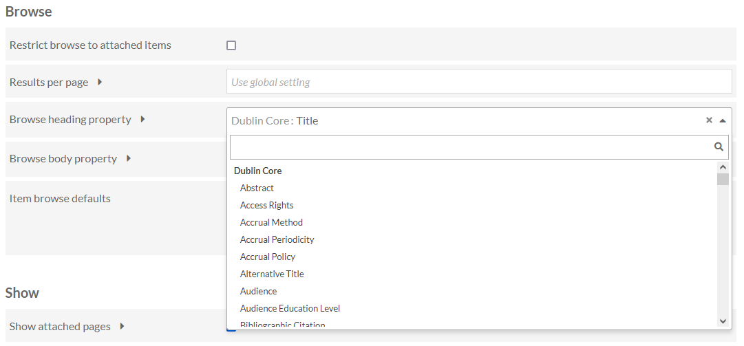 The browse heading property option is open. The current selection, Dublin Core: Title, is at the top. Immediately below it is a search bar, indicated by a magnifying glass symbol. Below that are some properties from the the friend of a friend vocabulary.