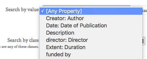 Detail view of a dropdown menu for the option 'Search by value". Values loaded include Creator:Author, Date: Date of Publication, and Description.