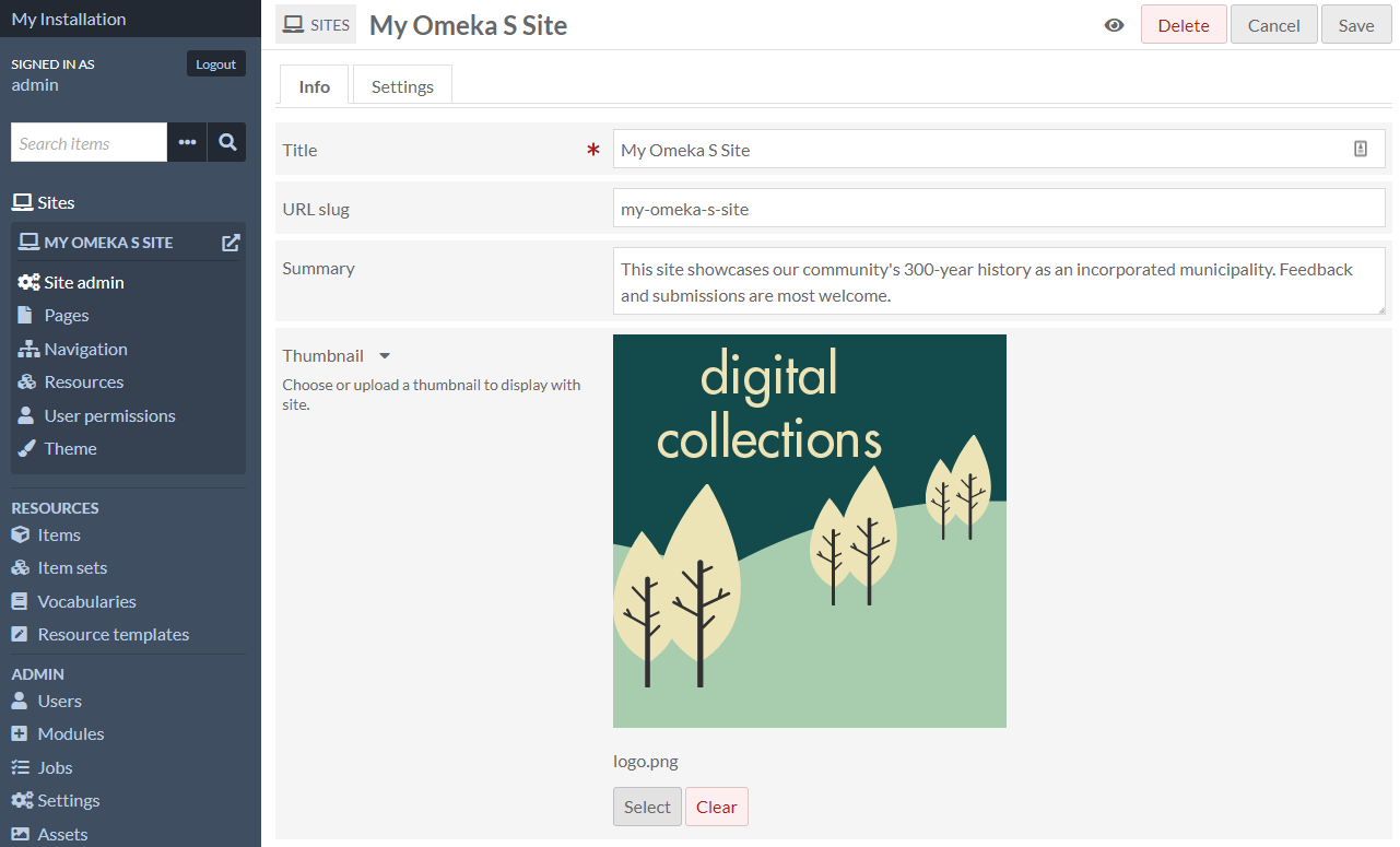 Info screen for an Omeka S site with a thumbnail and a summary.