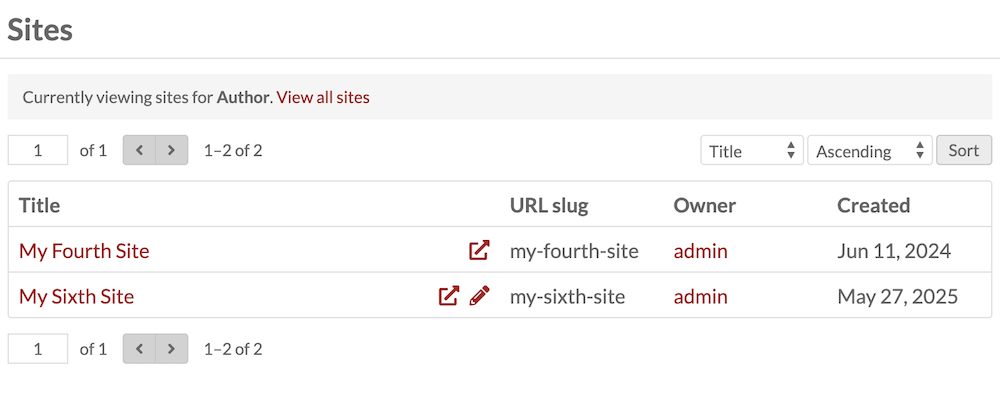 A user named "Author" - with an installation-wide role of Author - can see only two sites. There is a link for them to see all the sites on the installation.