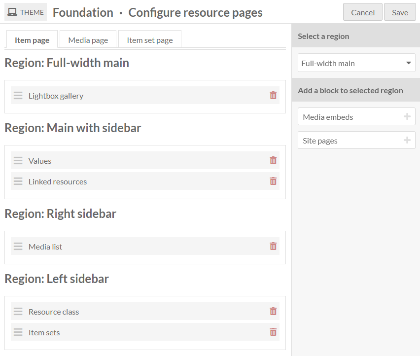 A screenshot of the Foundation theme resource page configuration options.