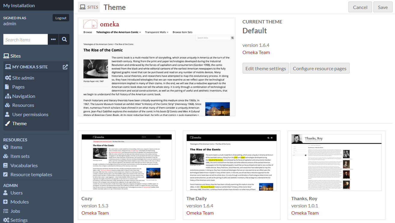 Theme tab with Center Row as the current theme